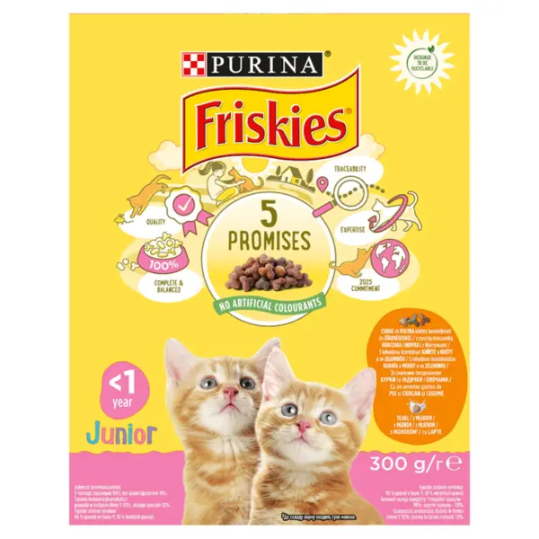 Purina Friskies Junior csirkével, tejjel és hozzáadott zöldségekkel száraz macskaeledel 300 g