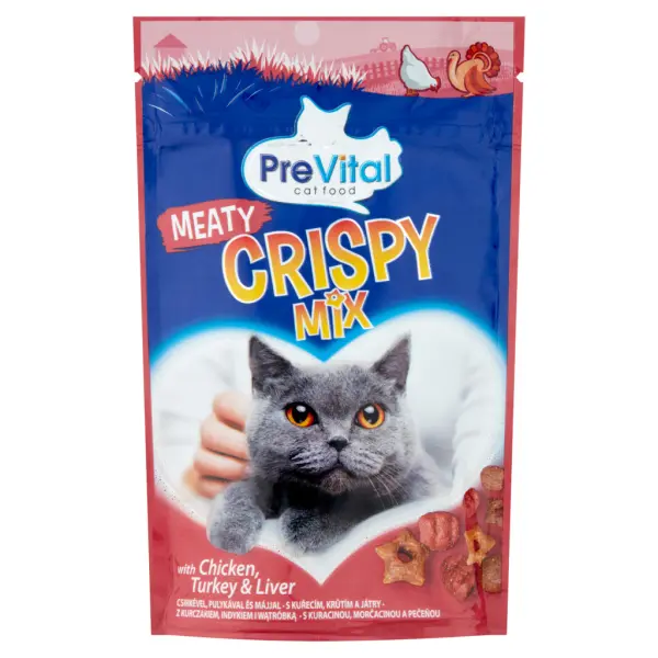 PreVital Crispy Mix jutalomfalatkák macskák számára csirkével, pulykával és májjal 60 g