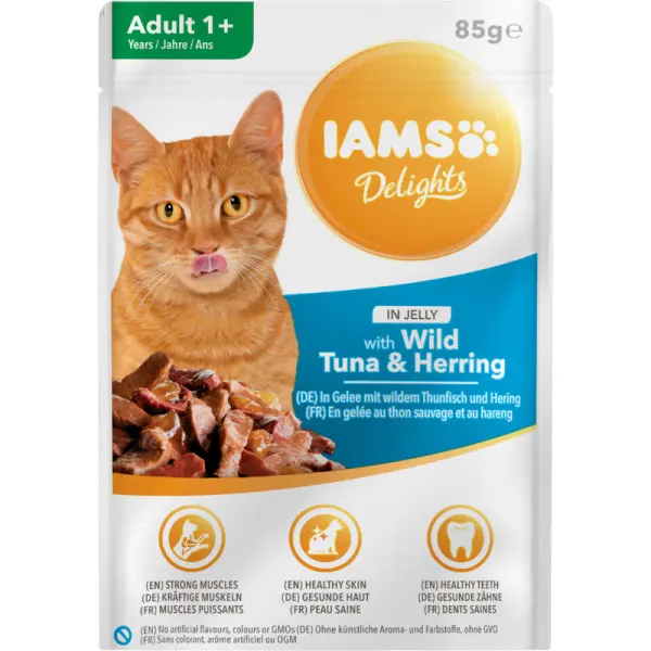 IAMS nedves macskaeledel 85g tonhal és hering zselében Delights