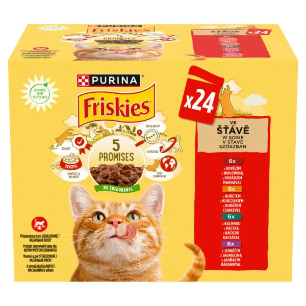 Purina Friskies szószban csirkével/marhával/báránnyal/kacsával nedves macskaeledel 24 x 85 g