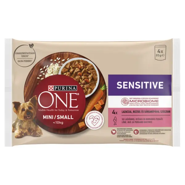 Purina One Mini teljes értékű állateledel mini és kistestű felnőtt kutyák számára Lazaccal Mini Sensitive/Delicate 4 x 85 g (340 g)