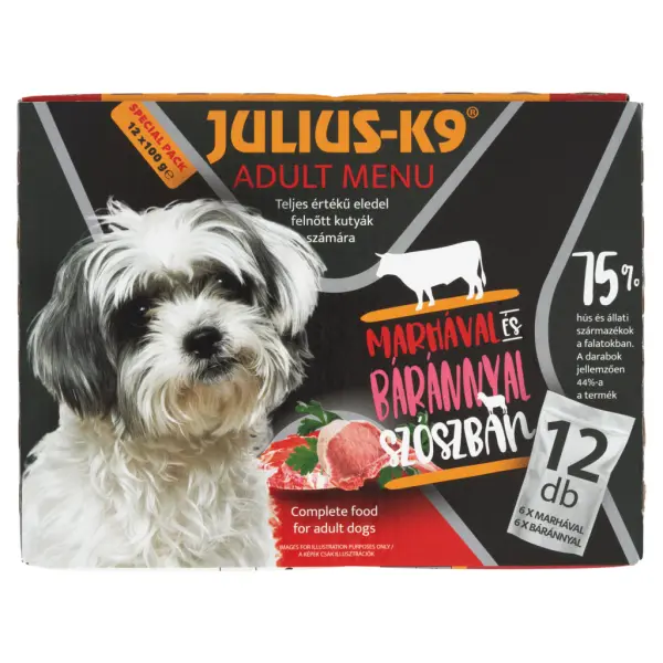 Julius-K9 teljes értékű állateledel felnőtt kutyák számára marhával báránnyal szószban 12 x 100 g