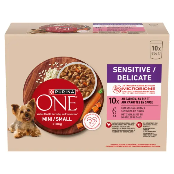 Purina One Mini Sensitive/Delicate lazaccal rizzsel nedves kutyaeledel 10 x 85 g (850 g)