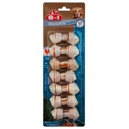 8in1 Kutya Jutalomfalat - Bőr Csont Csomós Delights Dental 7db 84g XS